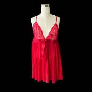 VICTORIA'S SECRET Very‎ Sexy Babydoll Chemise Pleated Lingerie LG Red Satin Bow